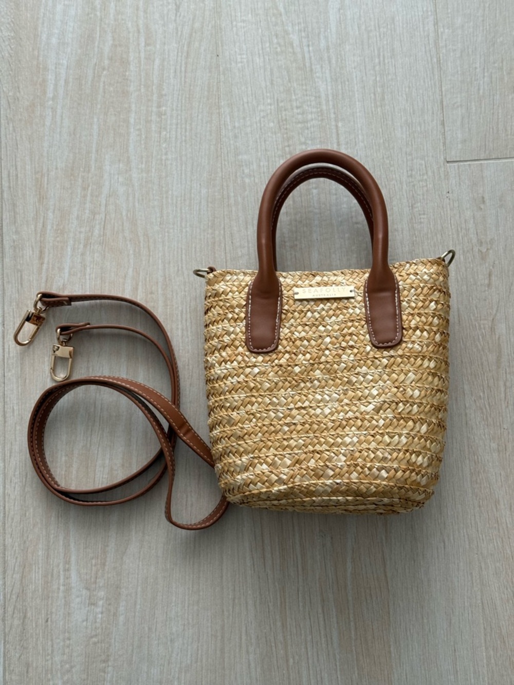 REVOLVE Straw Crossbody Mini Bag with Brown Leather Straps